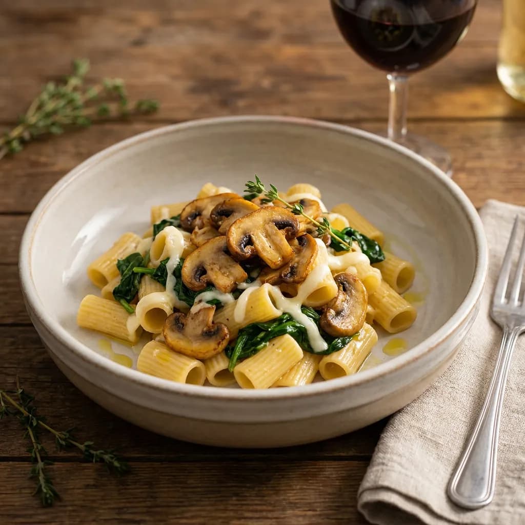 Mezze maniche con funghi, spinaci e mozzarella