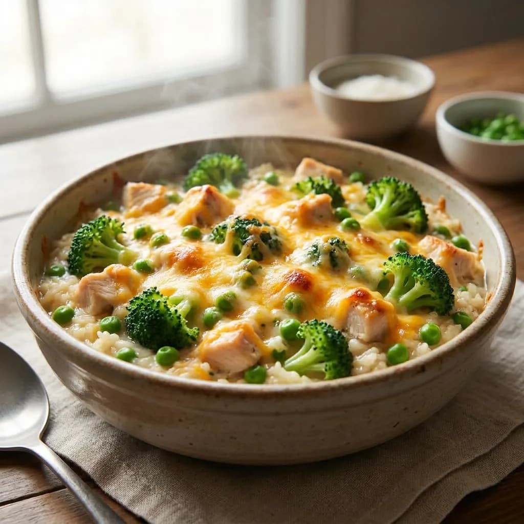 Microwave Chicken, Broccoli and Cheddar Rice Casserole
