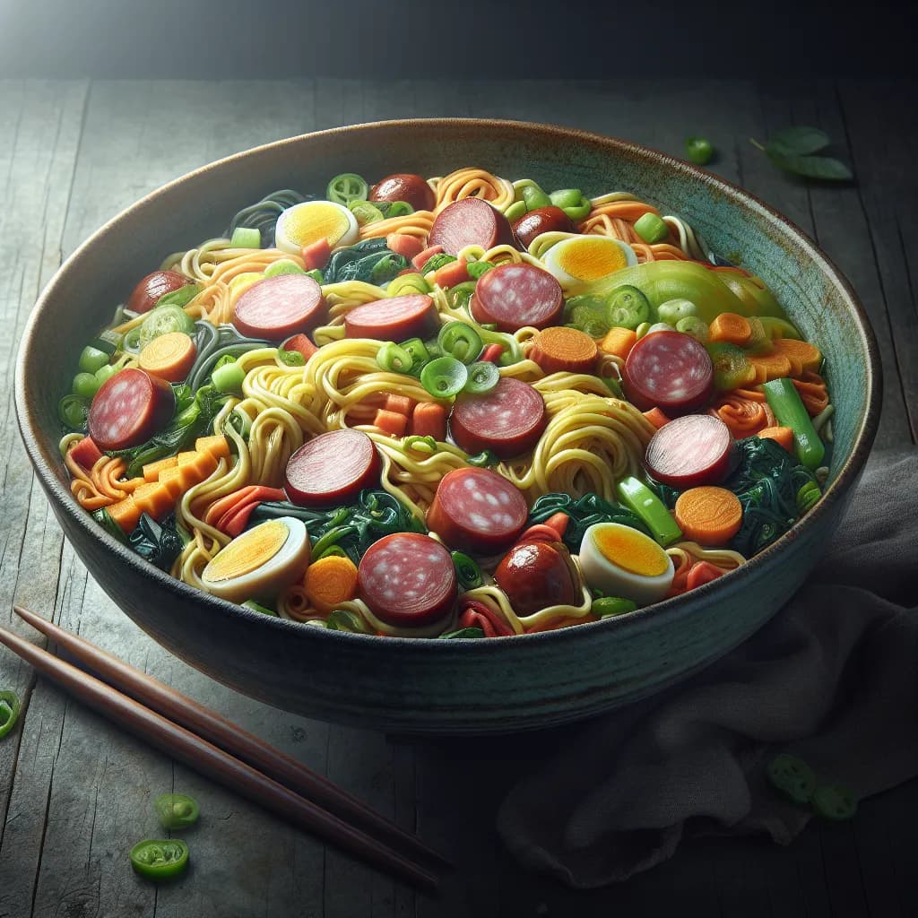 Mie Noodles with Pork Sausages and Vegetables