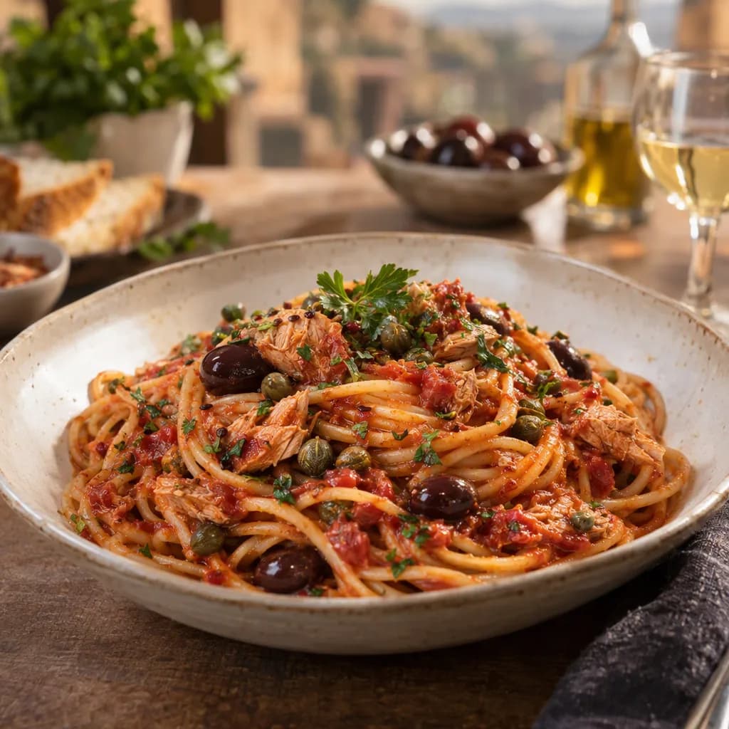 Mild Tuna Puttanesca Spaghetti