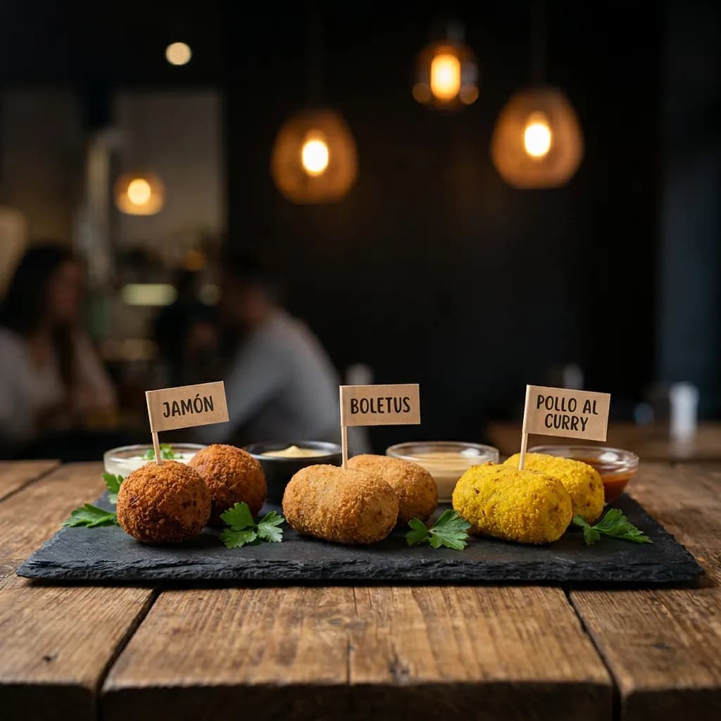 Mix de croquetas de jamón, boletus y pollo al curry suave