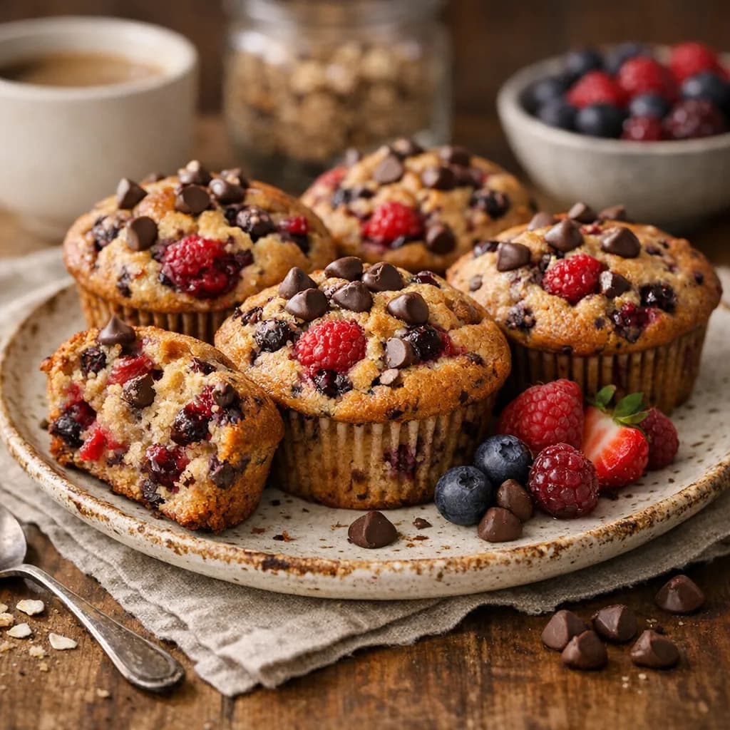 Muffins protéinés aux fruits rouges et chocolat