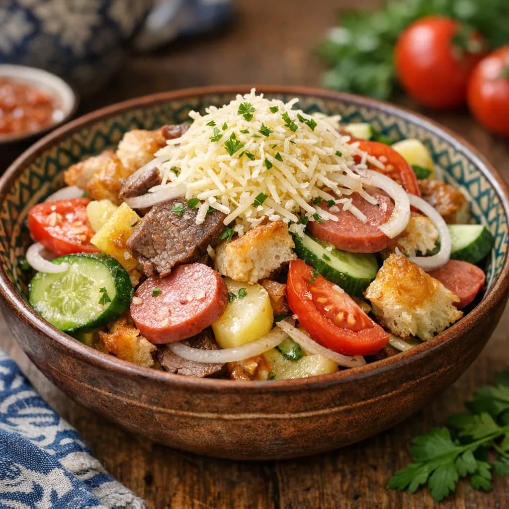 Non Guruch Goʻsht Kartoshka Kalbasa Sir Salati