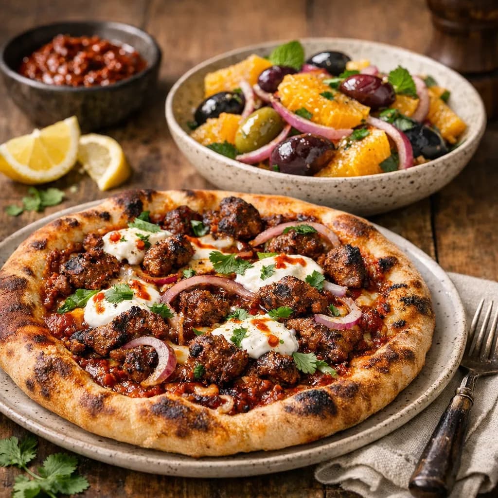North African Harissa Lamb Pizza with Orange and Olive Salad