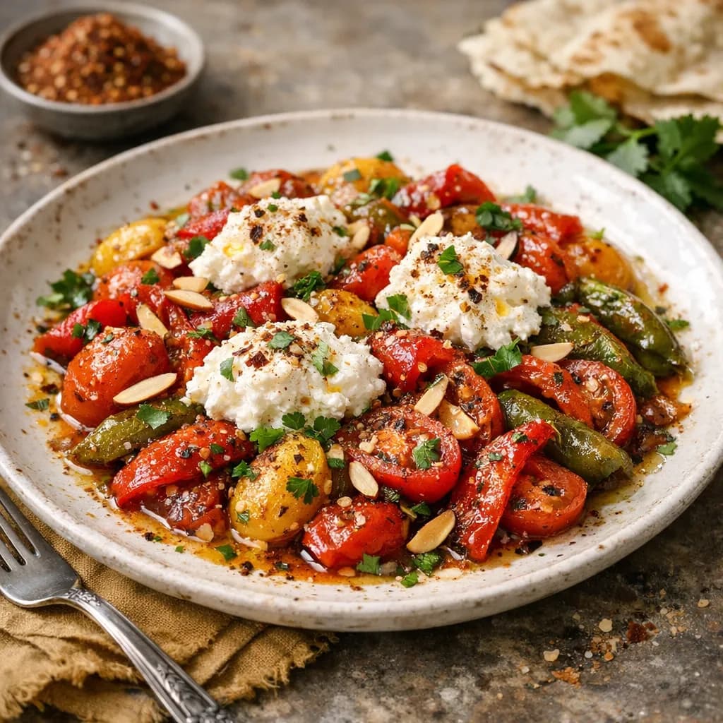 North African Spiced Tomato & Pepper Salad with Ricotta