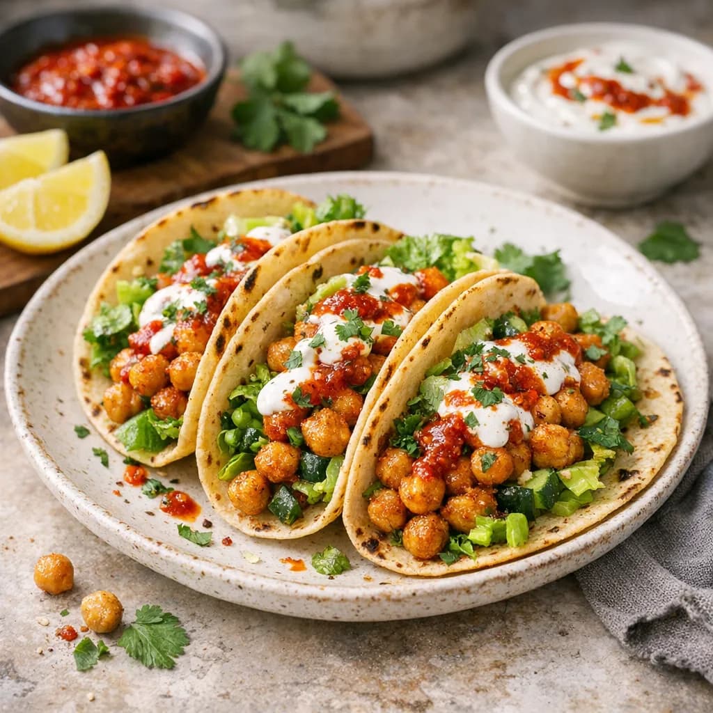 North African-Style Spiced Chickpea Tacos with Romaine and Harissa