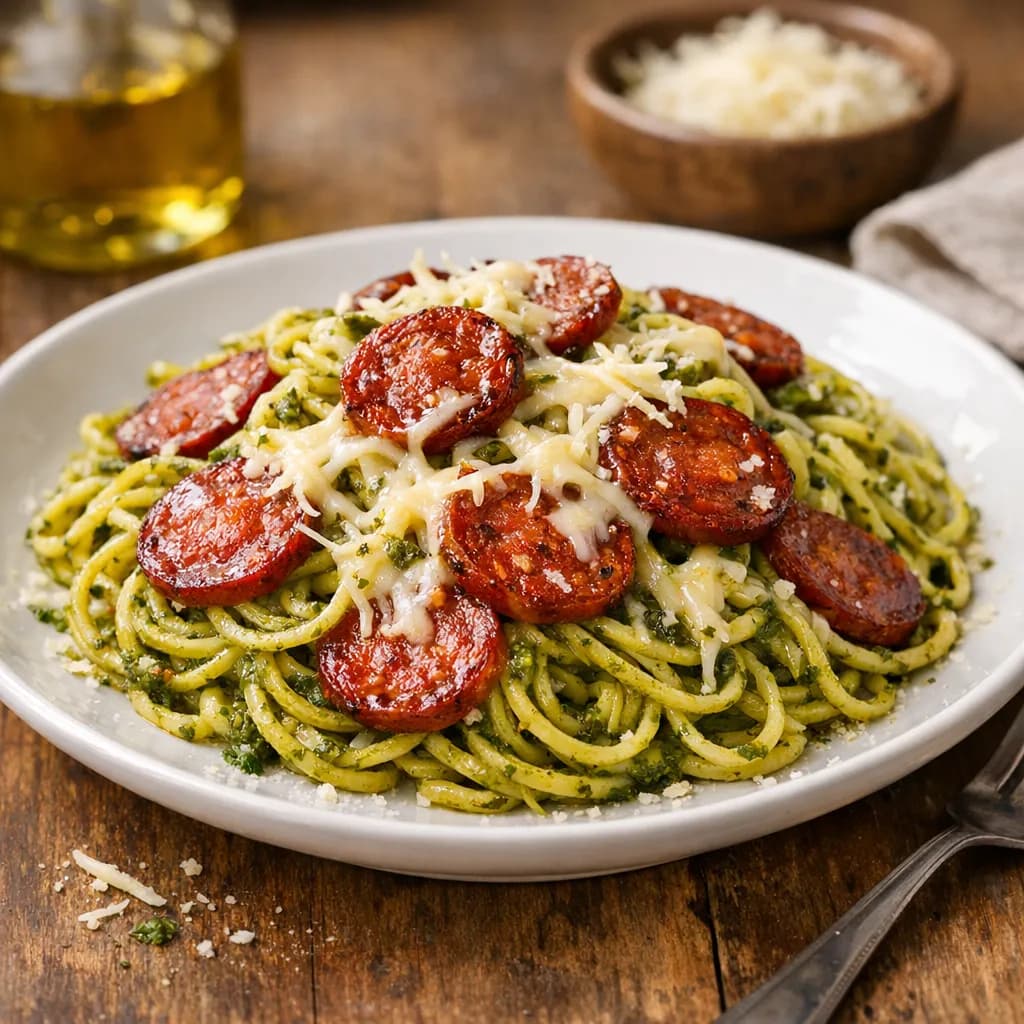 Nouilles au pesto, chorizo et emmental