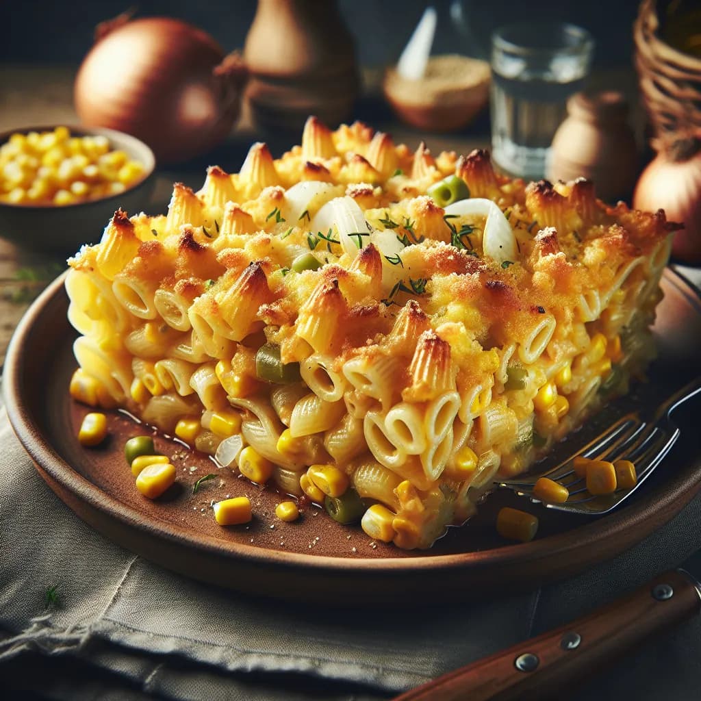 Nudelauflauf mit Mais und Zwiebeln