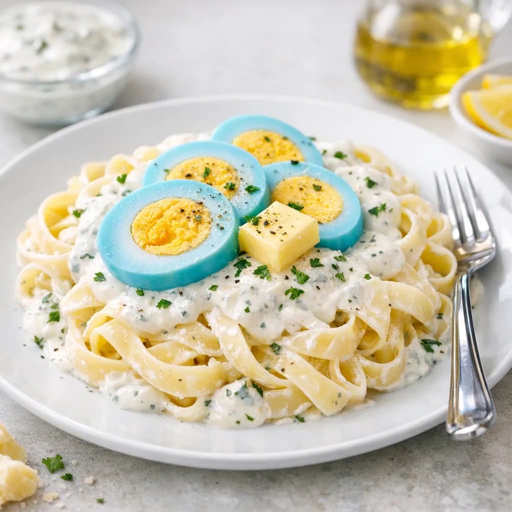 Nudeln mit Joghurtsauce und blau gefärbtem Ei