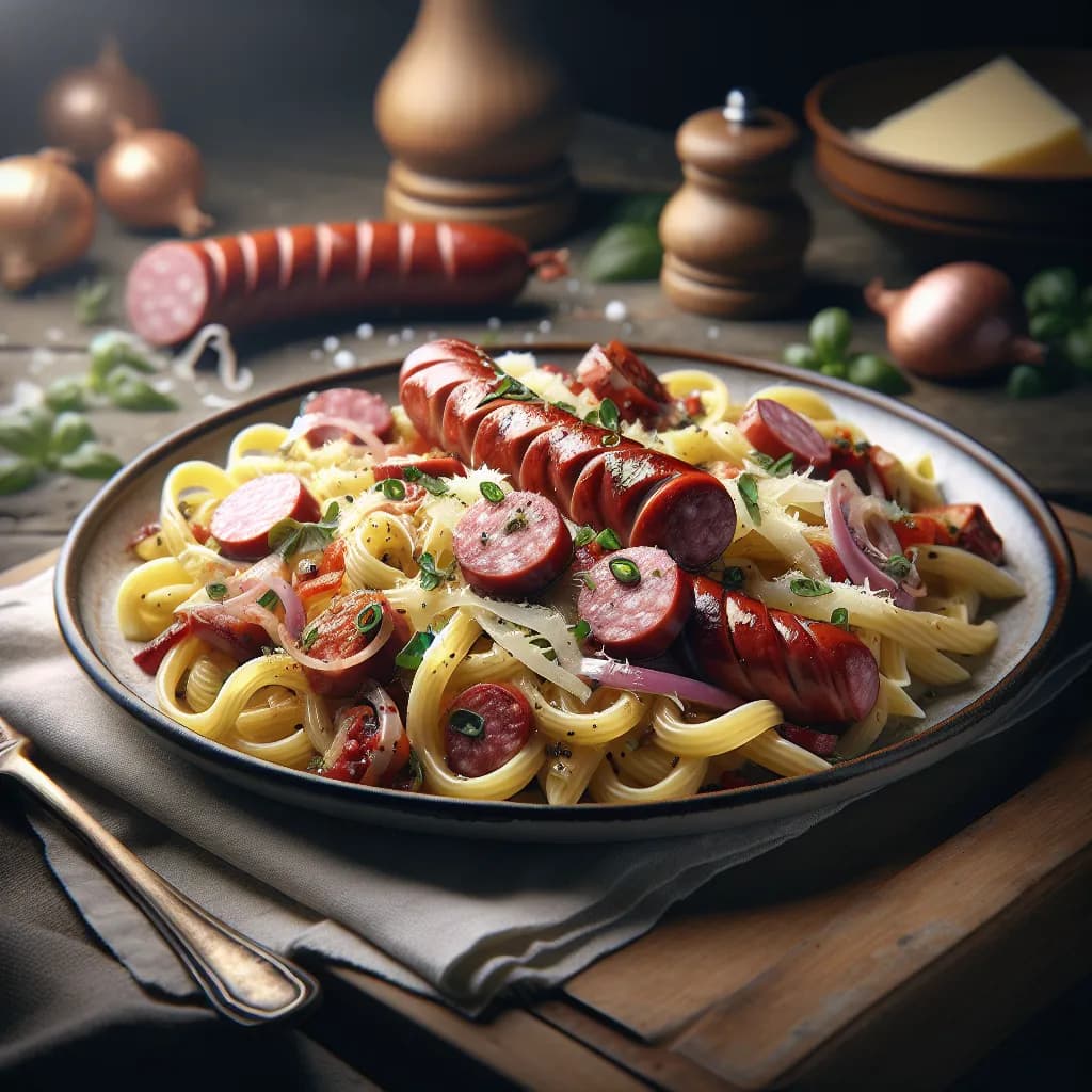 Nudelpfanne mit Debreziner und Käse