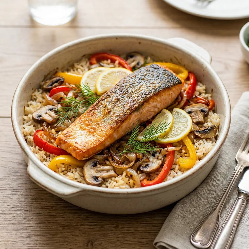 Ofenlachs auf Paprika-Pilz-Reis mit Dill