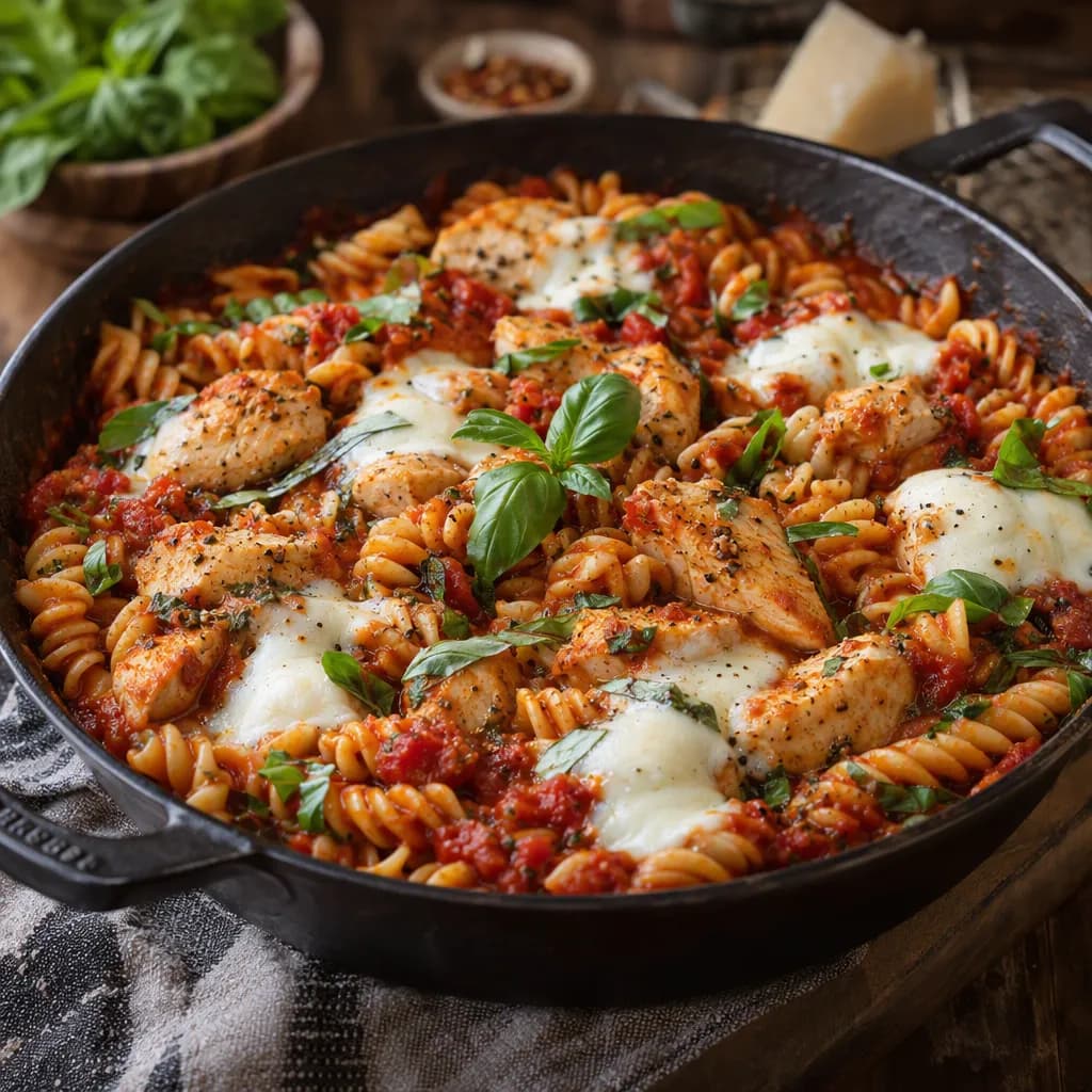 One-Pan Tomato Basil Chicken Pasta with Mozzarella