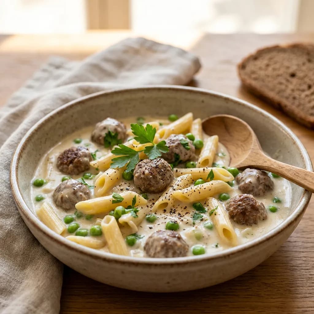 One-Pot-Wikingertopf mit Hackbällchen, Erbsen und kurzen Nudeln direkt in cremiger Sauce