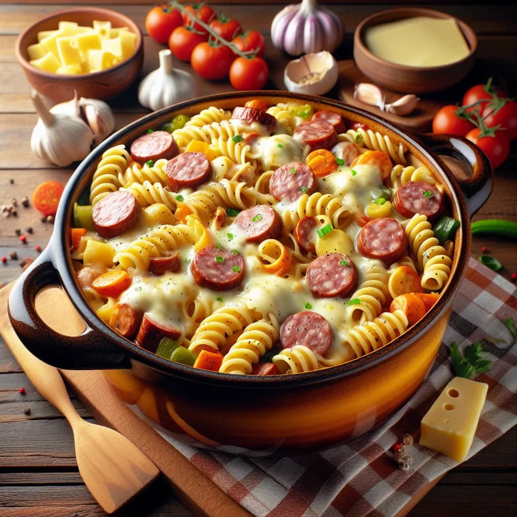 OnePot Nudeln mit Fleischwurst, Buttergemüse und Mozzarella