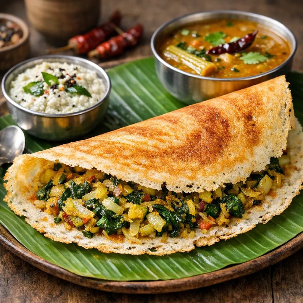 Onion and Spinach Masala Dosa