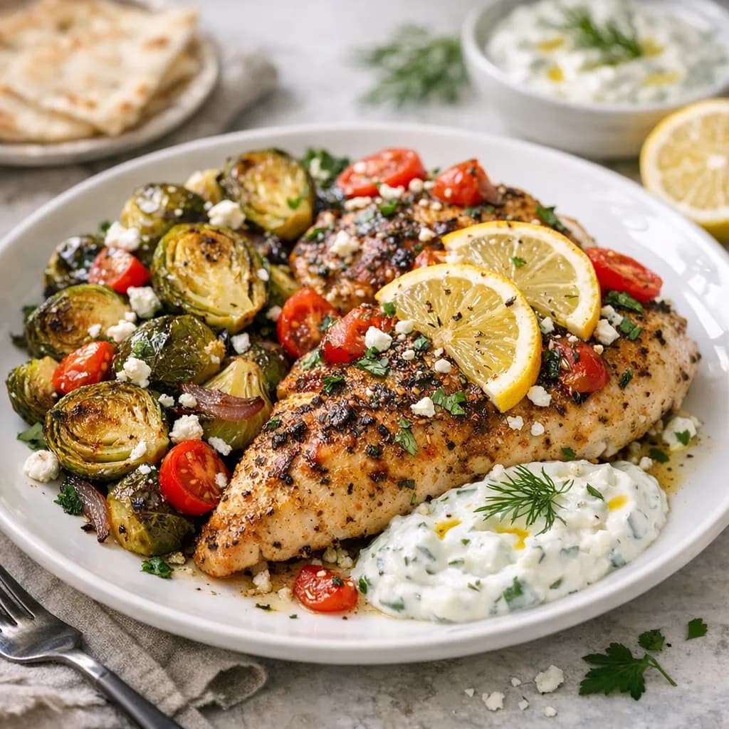 Oven-Baked Mediterranean Chicken with Brussels Sprouts and Tzatziki