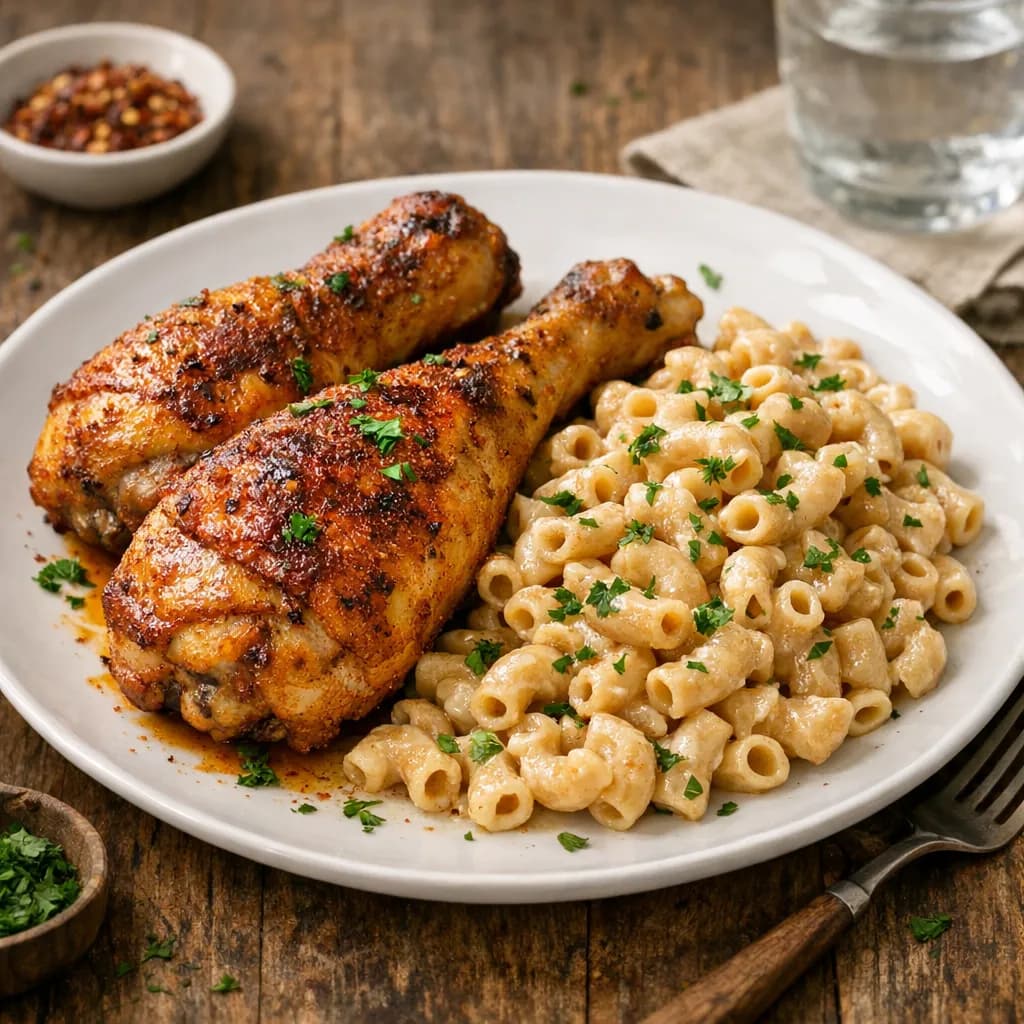 Oven-Baked Spicy Chicken Legs with Light Mac and Cheese