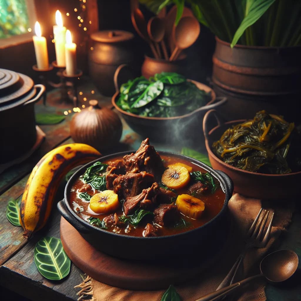 Oxtail Stew with Plantains and Callaloo