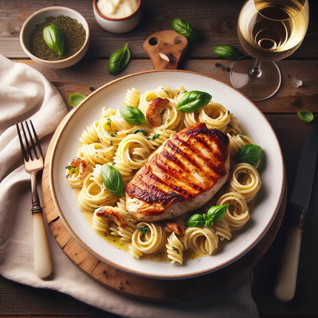 Pâtes à la crème et escalope de poulet