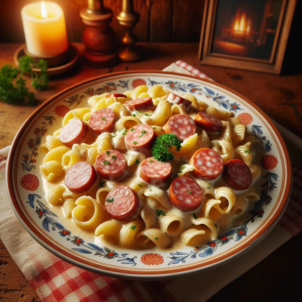 Pâtes à la crème et saucisses