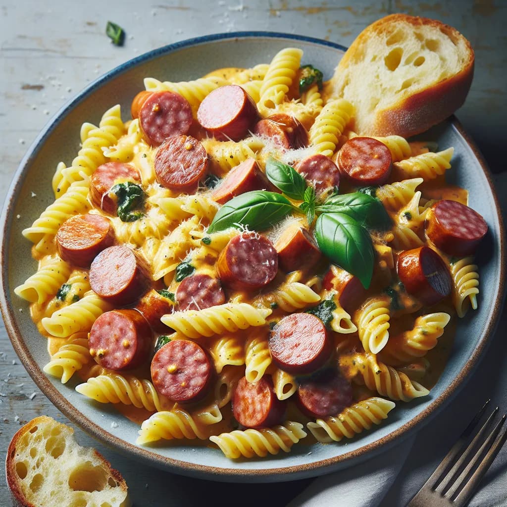 Pâtes à la saucisse et sauce moutarde