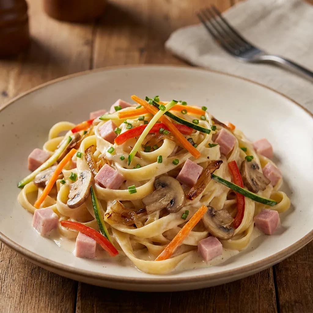 Pâtes crémeuses légères au talon de jambon, champignons et julienne de légumes