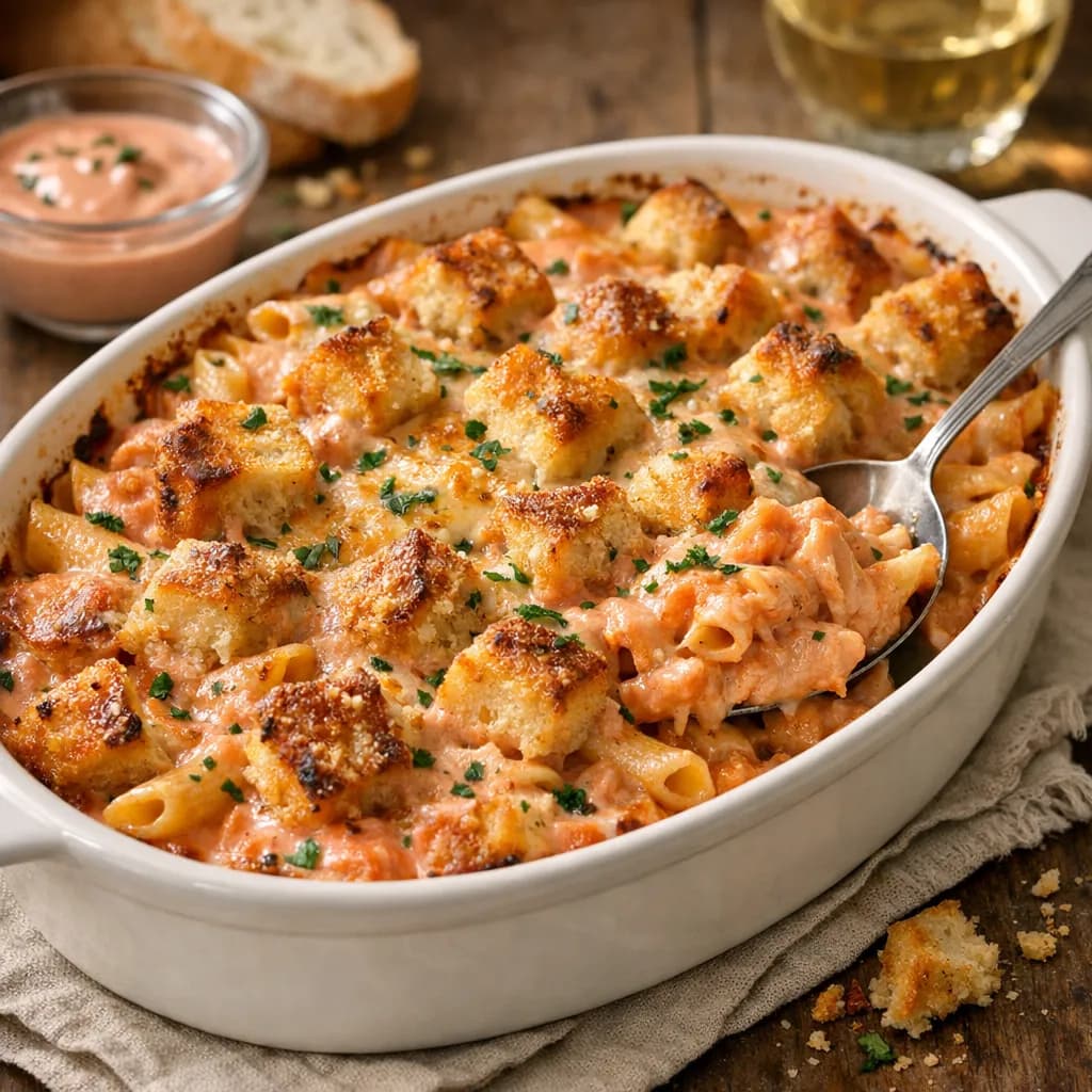 Pâtes gratinées à la baguette et sauce cocktail