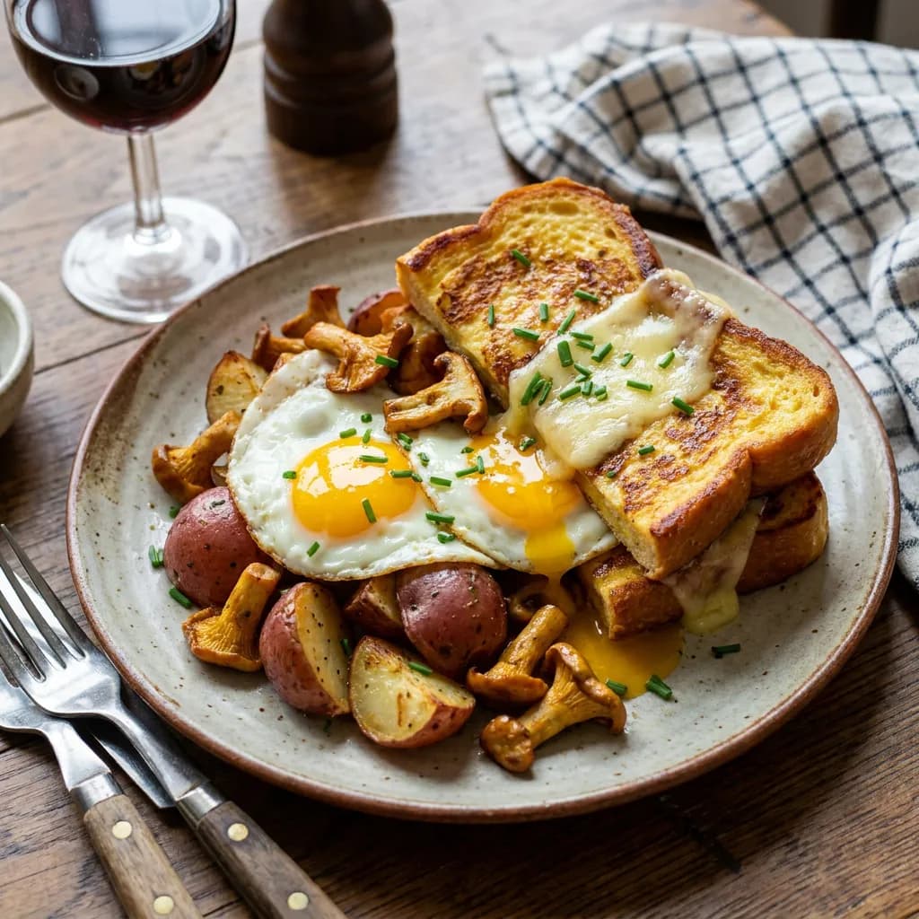 Pain perdu salé aux œufs, champignons et pommes de terre rouges