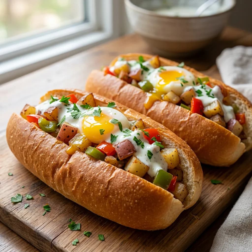 Pains à hot-dog farcis au hachis de pommes de terre rouges et œuf