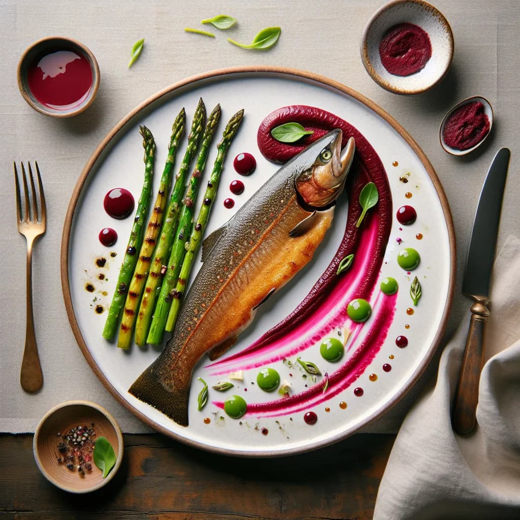 Pan-Seared Trout with Asparagus and Beet Puree