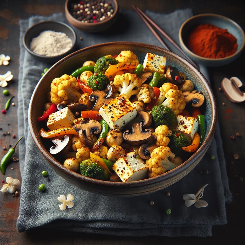 Paneer, Cauliflower, and Mushroom Stir Fry