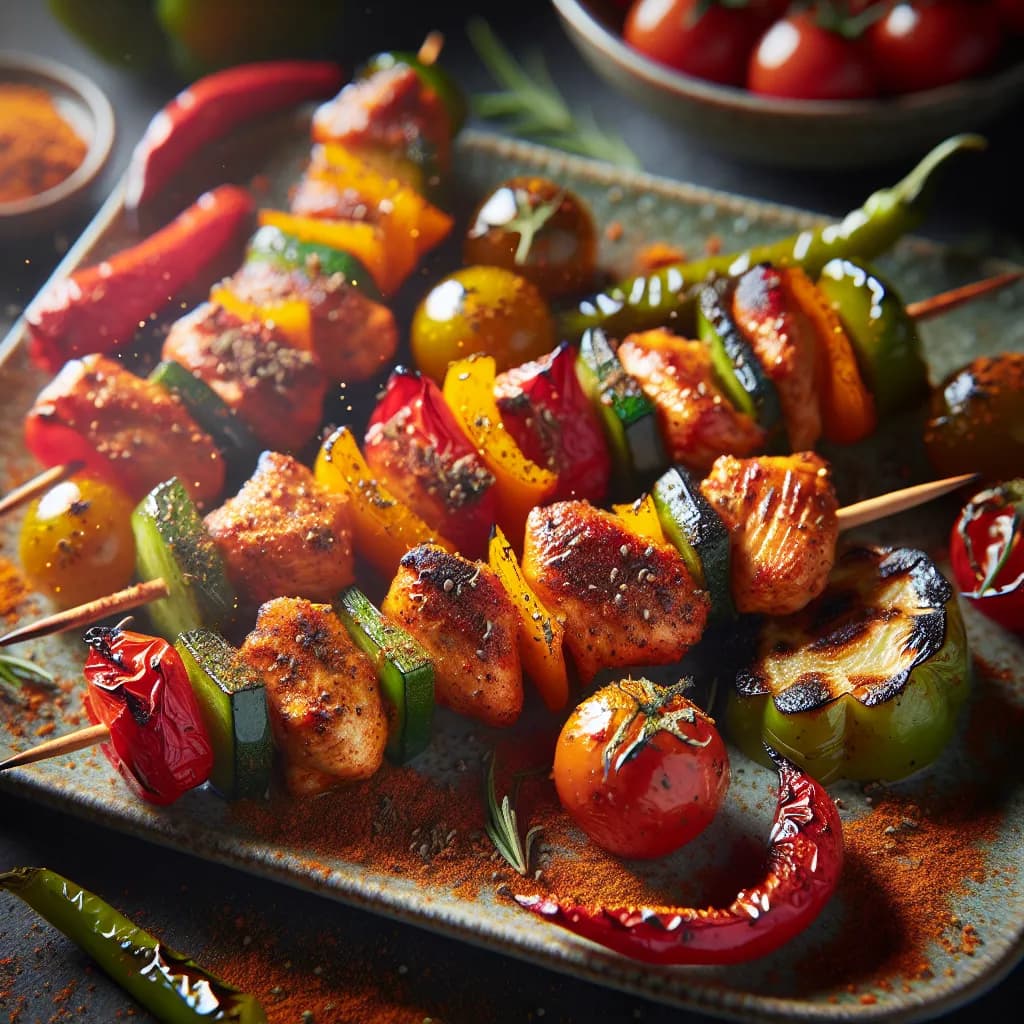 Paprika and Cumin Chicken Skewers with Veggie Medley