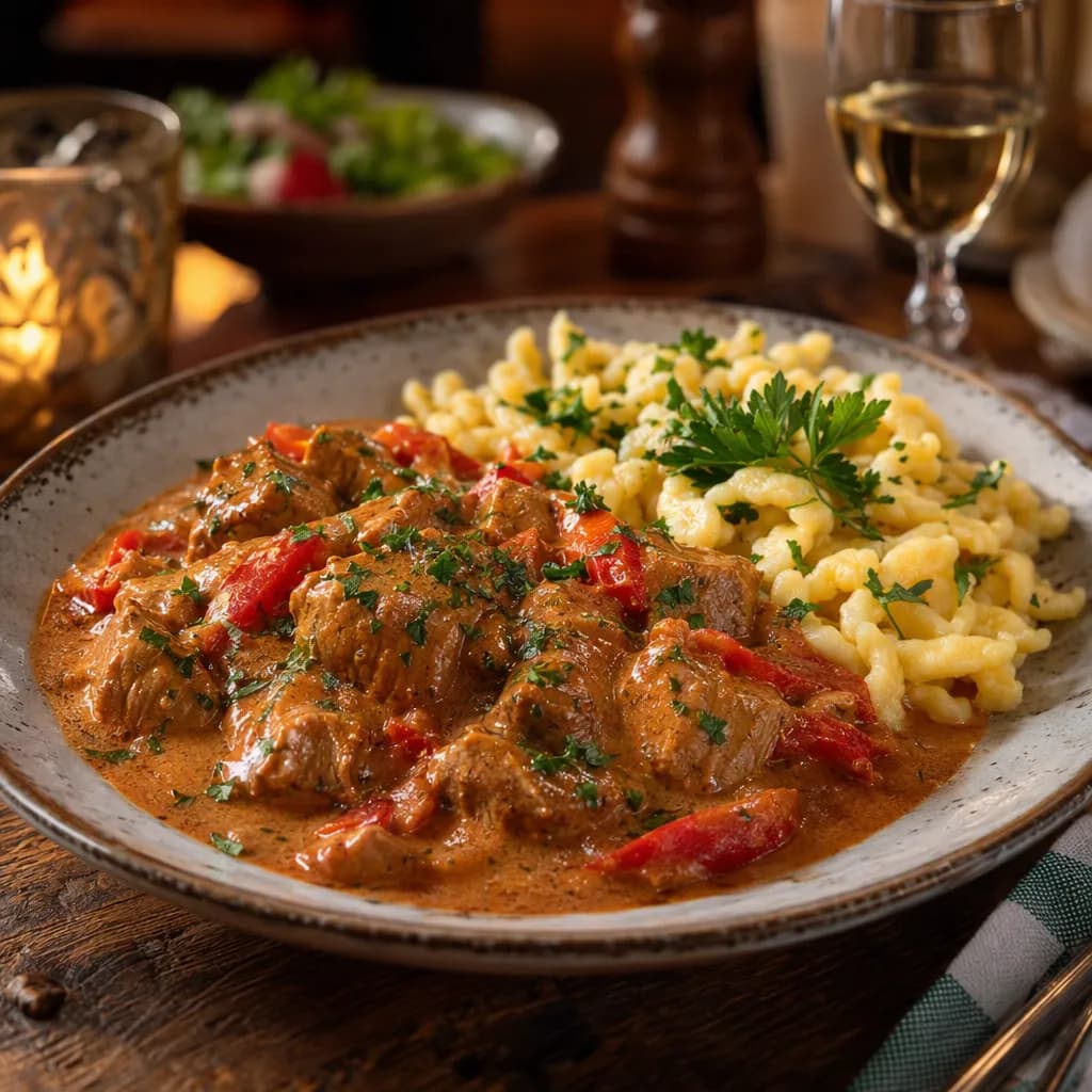 Paprika-Kalbsrahmgulasch mit Butterspätzle