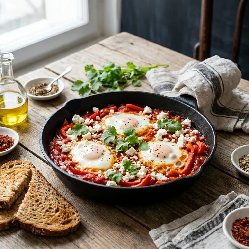 Paprika-Shakshuka mit Feta und Vollkornbrot