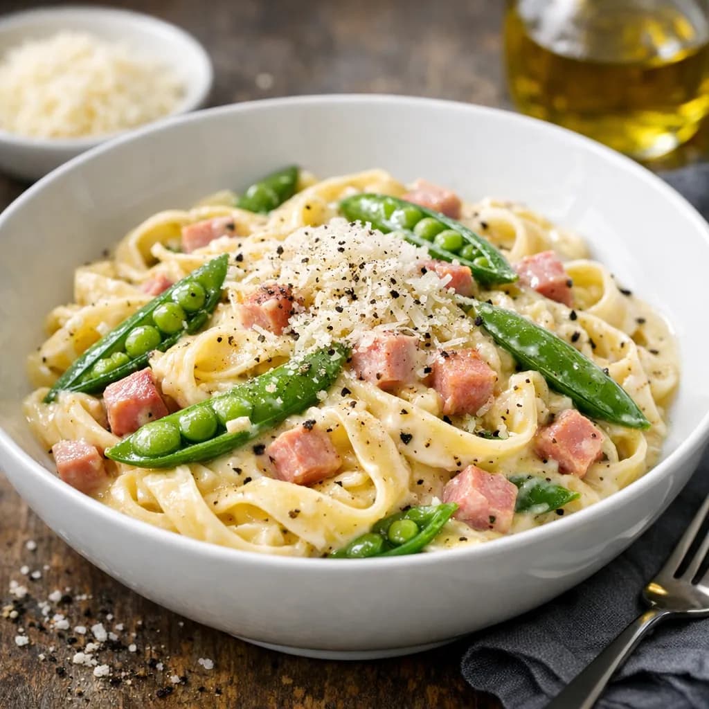 Pasta Cremosa con Baccelli di Piselli e Prosciutto