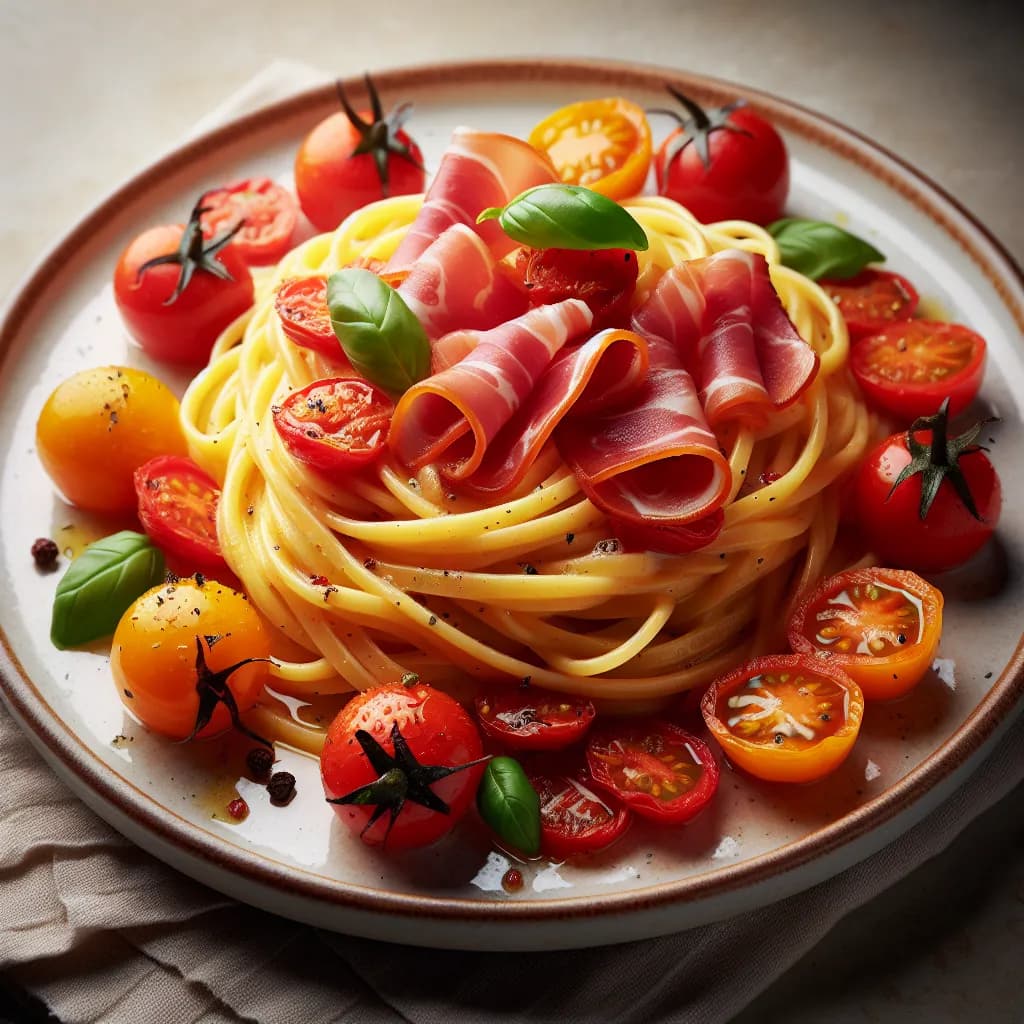 Pasta Fresca all'Uovo con Pomodorini e Speck