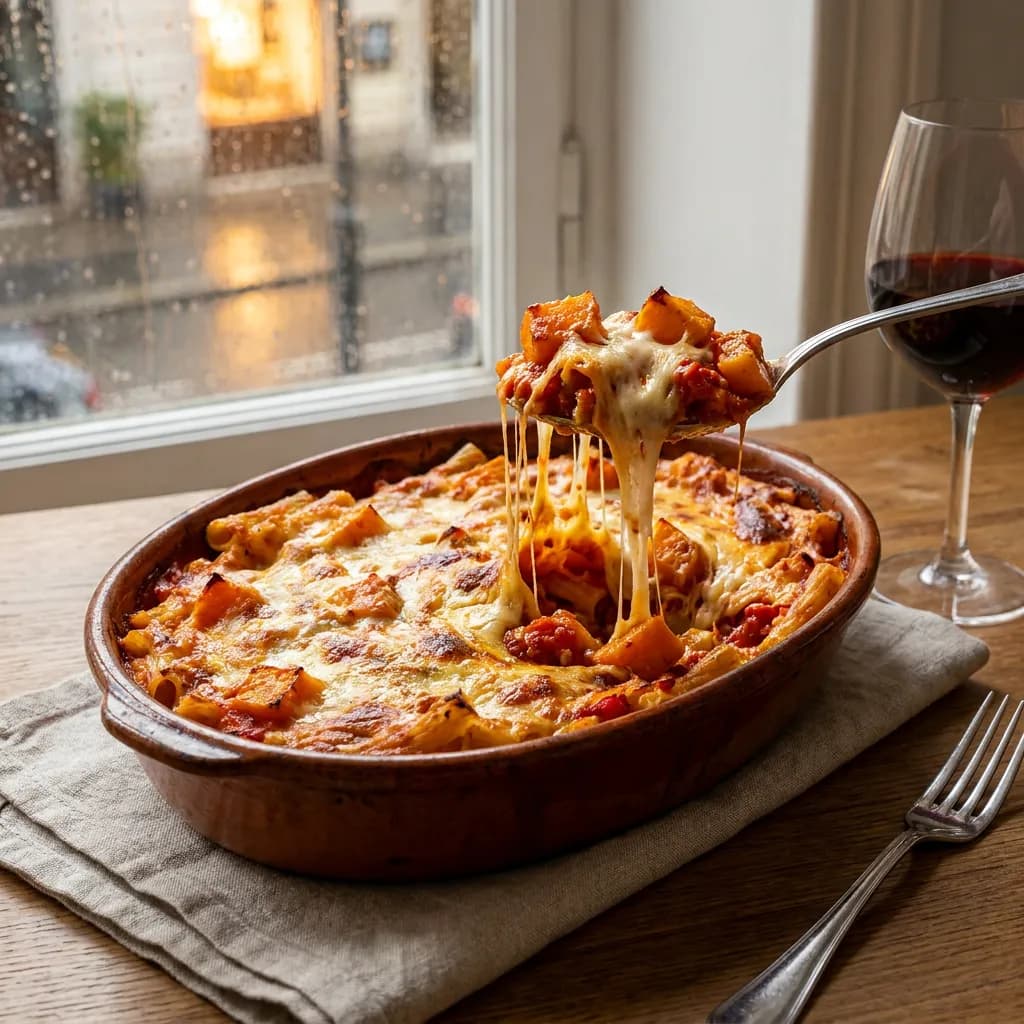 Pasta al forno con zucca e scamorza filante