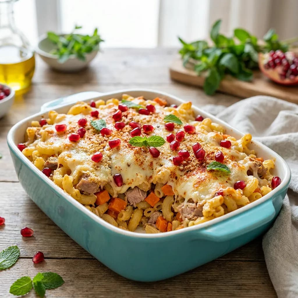 Pasta al horno con atún, zanahoria, granada y gratinado mediterráneo de comino
