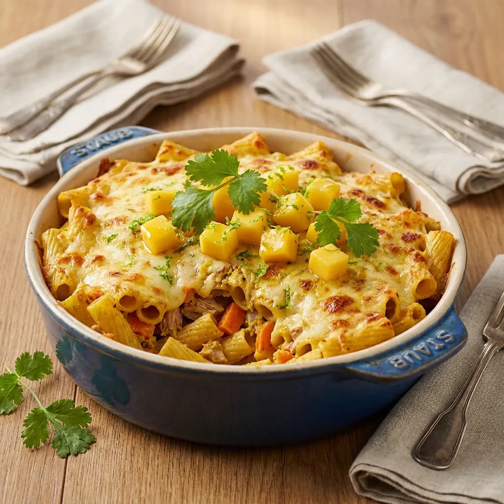 Pasta al horno con atún, zanahoria, mango y gratinado de curry suave