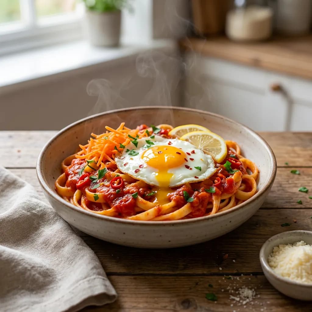 Pasta arrabbiata rápida con huevo, zanahoria y limón