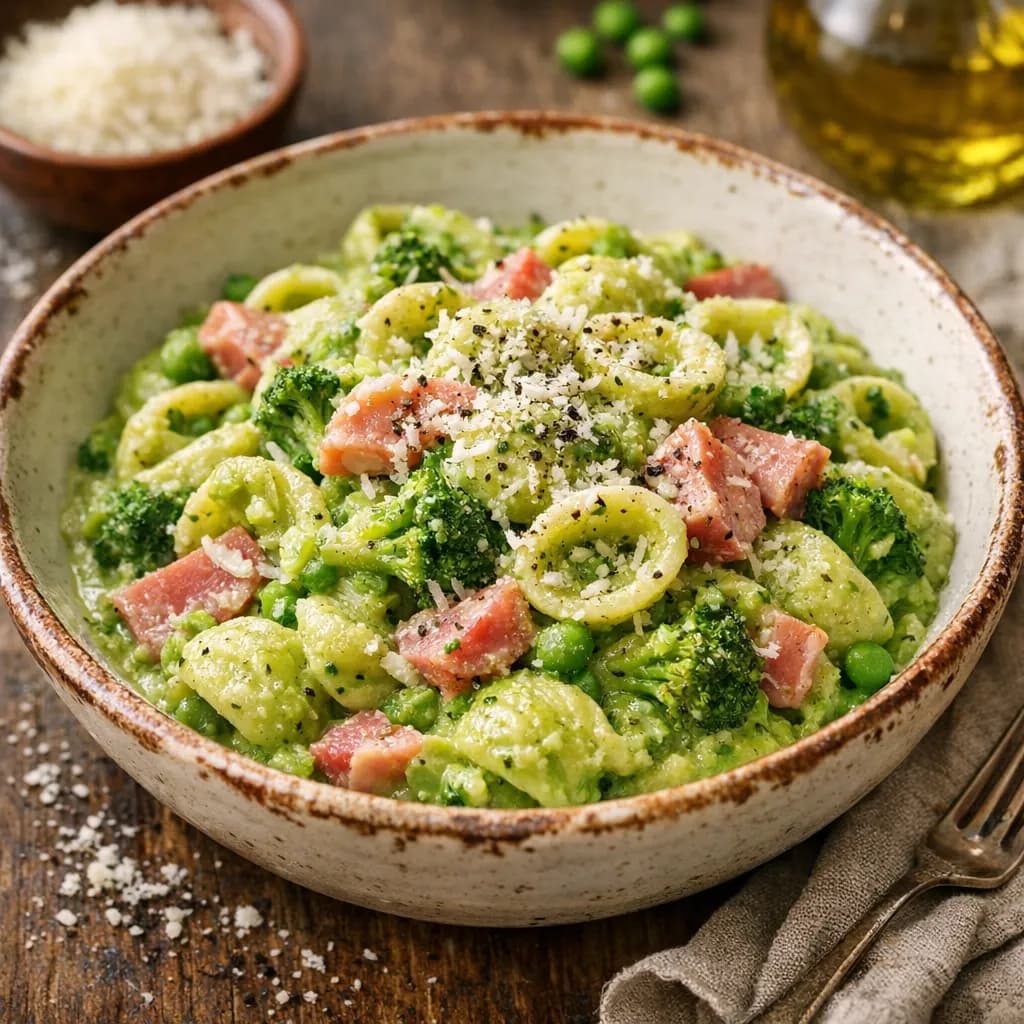 Pasta con Crema di Piselli, Broccoli e Prosciutto