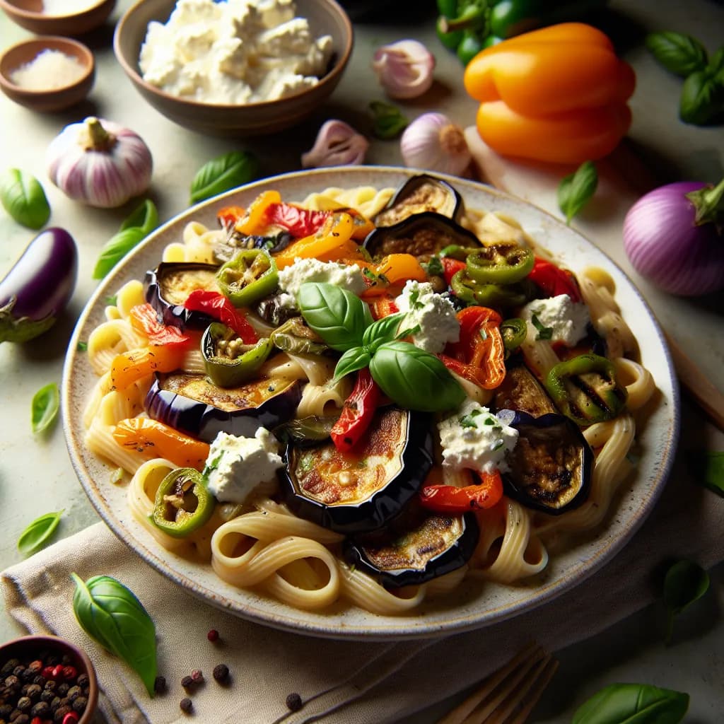 Pasta con Melanzane, Ricotta e Peperoni