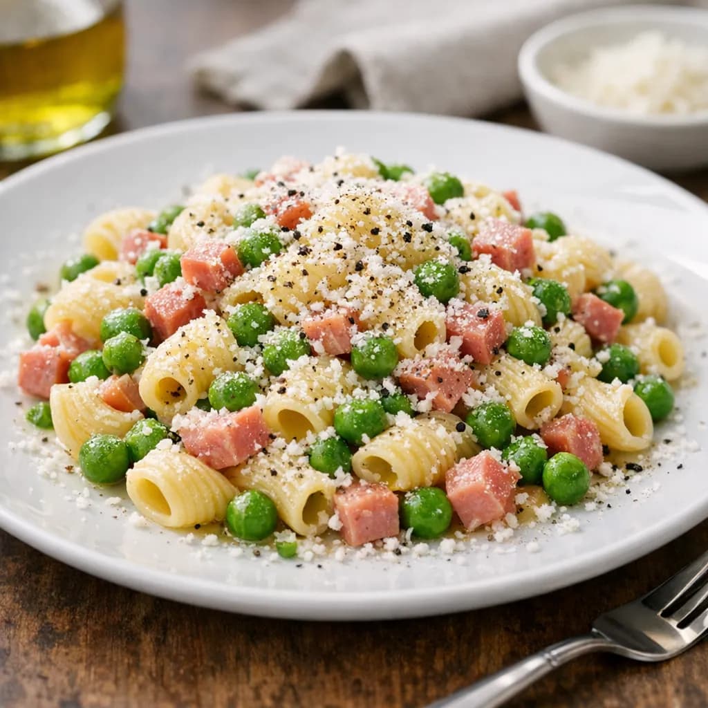 Pasta con Pisellini, Prosciutto e Parmigiano
