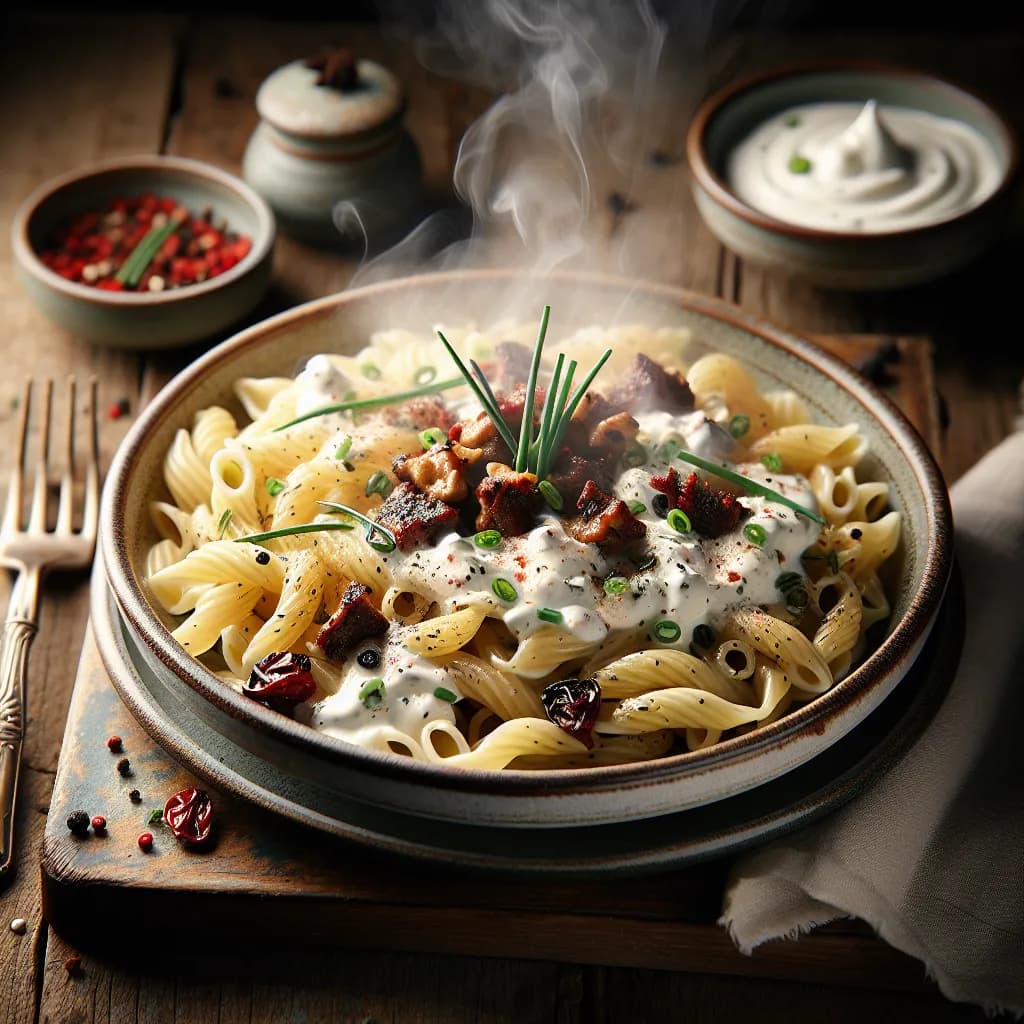 Pasta con Salsa di Yogurt e Erba Cipollina con Carne Piccante