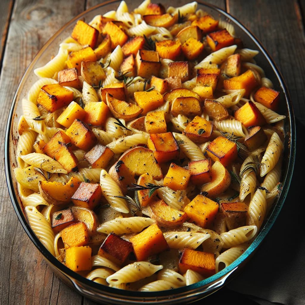 Pasta con patate e zucca al forno