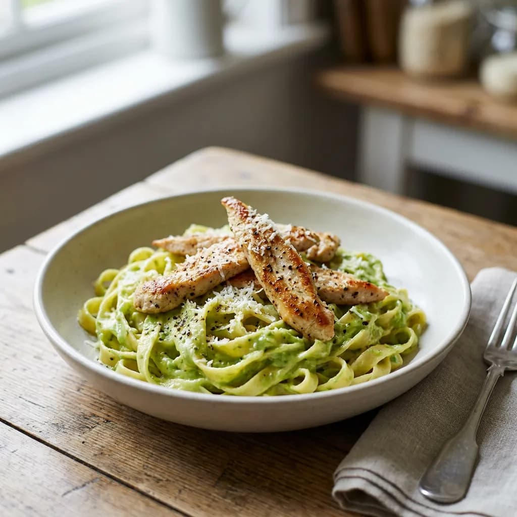 Pasta con salsa de aguacate y limón y pollo a la pimienta