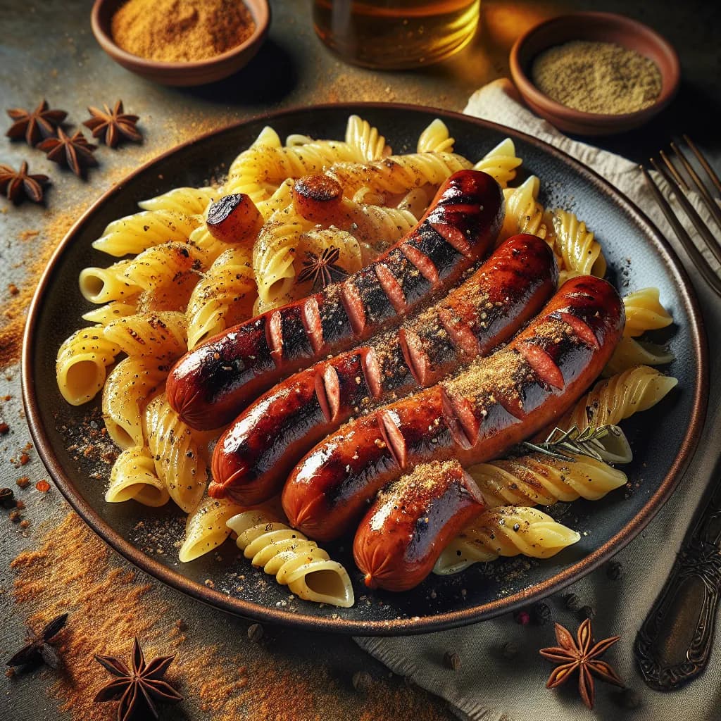 Pasta cu cârnați de Viena la grătar și nucșoară