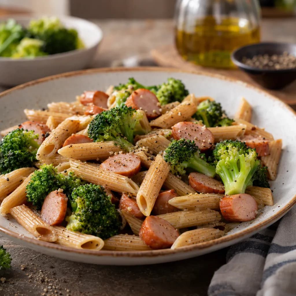 Pasta integrale con broccoli e wurstel