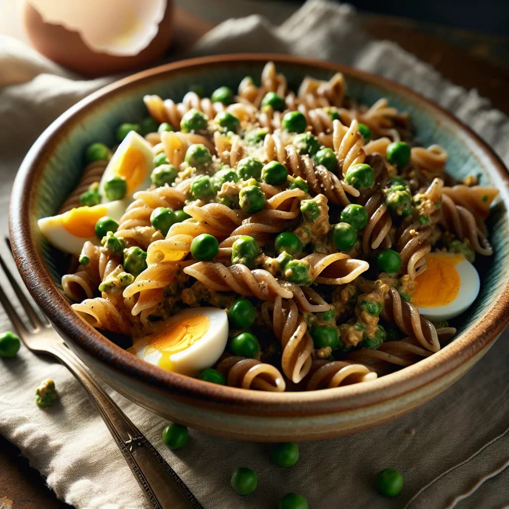 Pasta integrale con uova e piselli