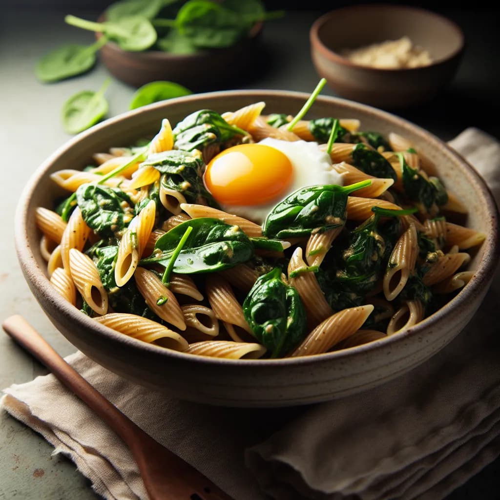 Pasta integrale con uova e spinaci